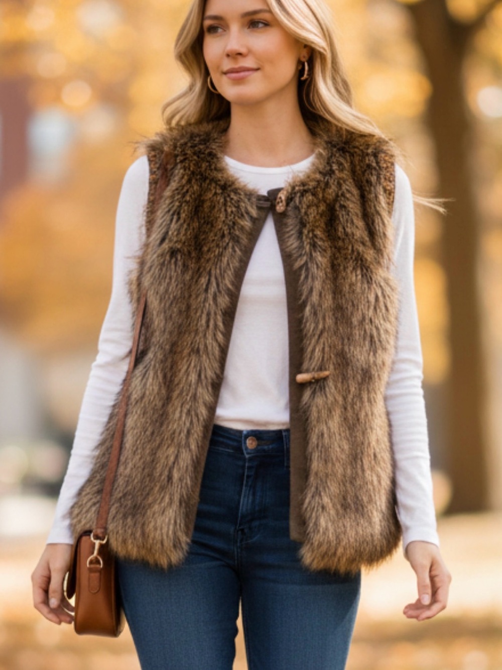 GUESS Faux Fur Vest Women’s Small Brown Toggle Front Boho Fall Winter